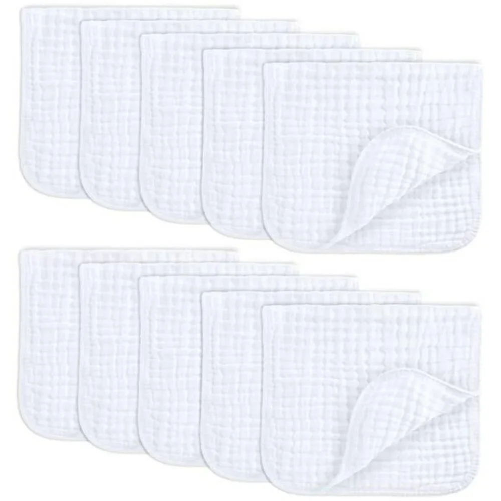 Comfy Cubs Muslin Baby Burp Cloths Pack 10 Large 6 Layer Soft Cotton White